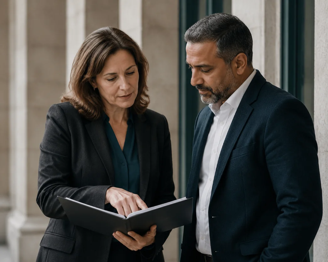 A solicitor going through a lease file with a commercial client outside a city building