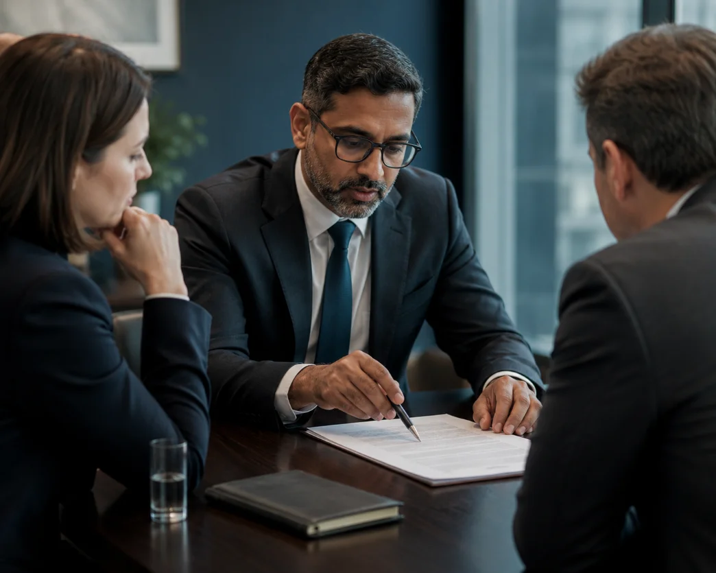 A solicitor talking two parties through a settlement document across a boardroom table