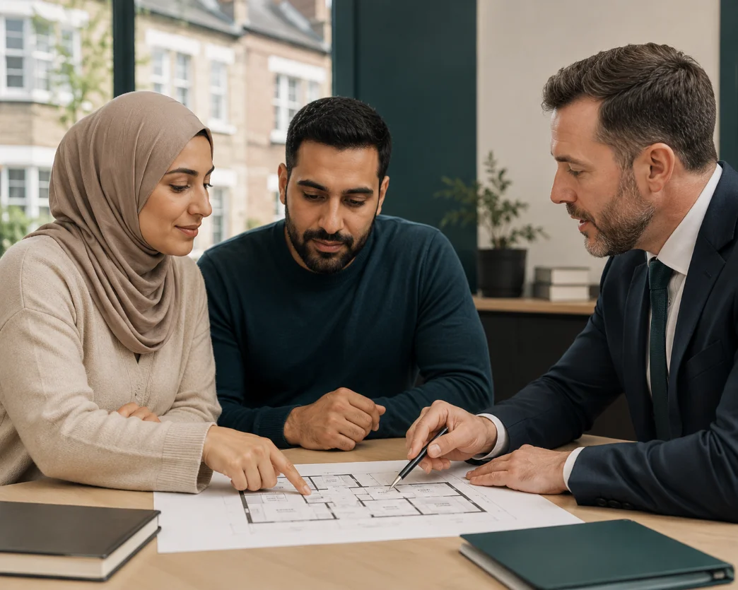 A solicitor going through documents with a couple at a meeting-room table