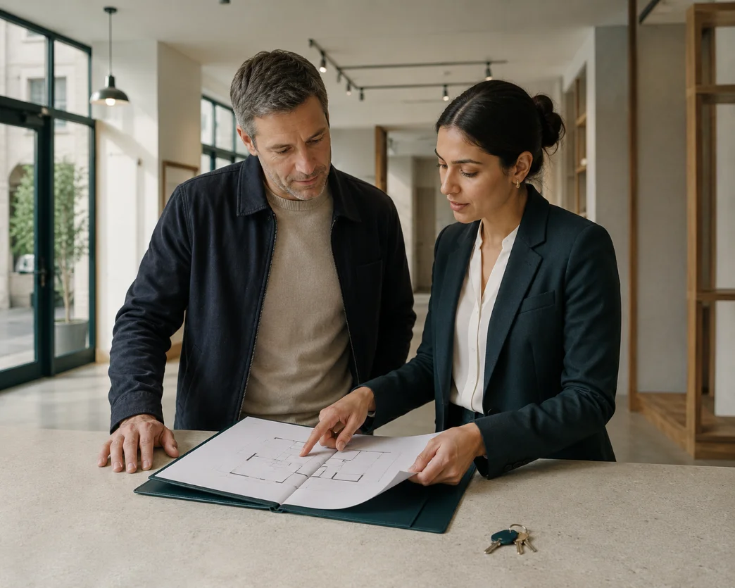 A solicitor and a client looking over a floor plan, with a set of keys on the counter beside them